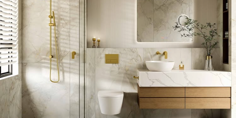 Marble and timber abthroom wiht brushed gold taps